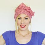 red and white gingham head scarf 1