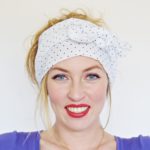 white with tiny navy polka dots head scarf 1