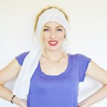 white with tiny navy polka dots head scarf 4