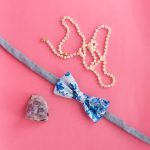 Beau Headband. Bow. Blue and white floral with light grey denim. 4