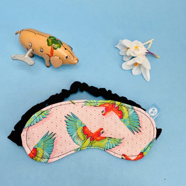 Sleep Mask, pink with parrots.